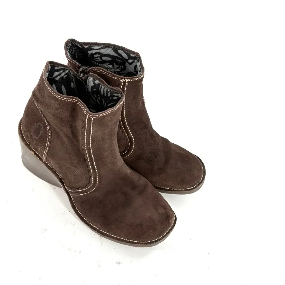 Fly London Suede Ankle Boots 10 40 Dark Brown Booties Zip Academia Whimsigoth